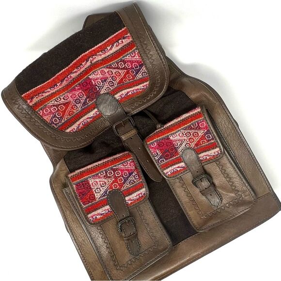 Vintage Leather and Kilim Backpack Dark Brown Travel Bag Backpack - Picture 16 of 16